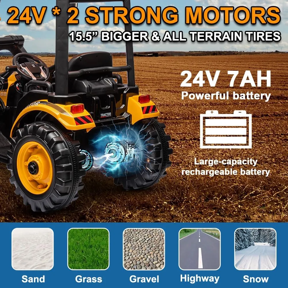 24V Ride on Tractor with Trailer&Front Loader, 3IN1 Dual Motors Ground Loader, Battery Powered Electric Ride on Tractor Toys with Safety Belt,Yellow(Kids Tractor with Trailer&Front Loader)