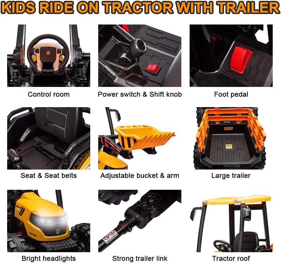24V Ride on Tractor with Trailer&Front Loader, 3IN1 Dual Motors Ground Loader, Battery Powered Electric Ride on Tractor Toys with Safety Belt,Yellow(Kids Tractor with Trailer&Front Loader)