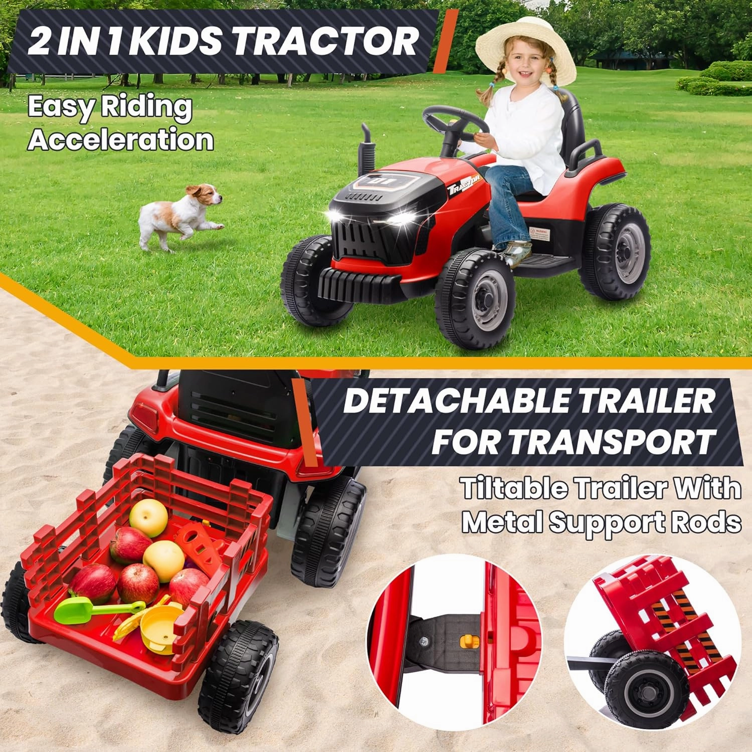 24V 7Ah Ride On Tractor w/Tiltable & Detachable Trailer, MOEYURO Kids Electric Vehicles Tractor w/400W Motors, Adjustable Seat, Remote Control, Bluetooth, Music, Power Tractor Wheels for Boys, Red