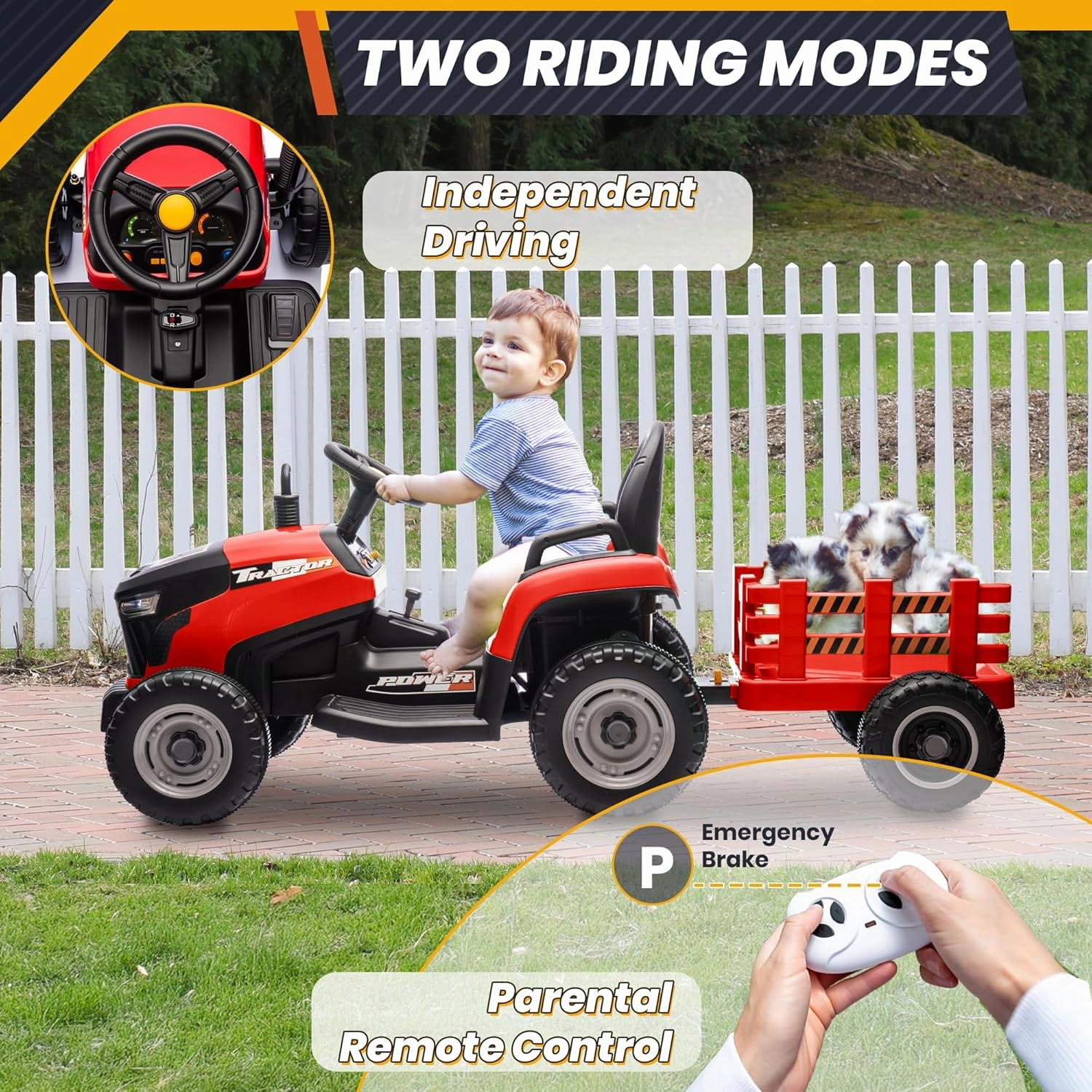 24V 7Ah Ride On Tractor w/Tiltable & Detachable Trailer, MOEYURO Kids Electric Vehicles Tractor w/400W Motors, Adjustable Seat, Remote Control, Bluetooth, Music, Power Tractor Wheels for Boys, Red