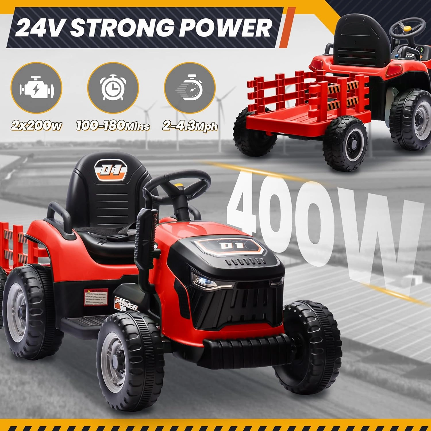 24V 7Ah Ride On Tractor w/Tiltable & Detachable Trailer, MOEYURO Kids Electric Vehicles Tractor w/400W Motors, Adjustable Seat, Remote Control, Bluetooth, Music, Power Tractor Wheels for Boys, Red
