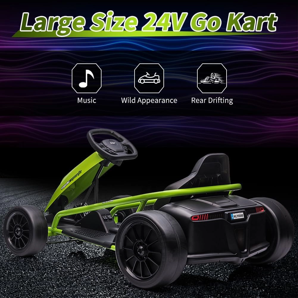24V 9Ah Kids Ride-On Go-Kart Toy, High-Speed 8MPH Drifting Car with Powerful Motors, Large Seat, Slow Start Function, High/Low Speed Modes, Music, Max Load 180 Lbs, Racing Toy for Ages 8-12(Green)