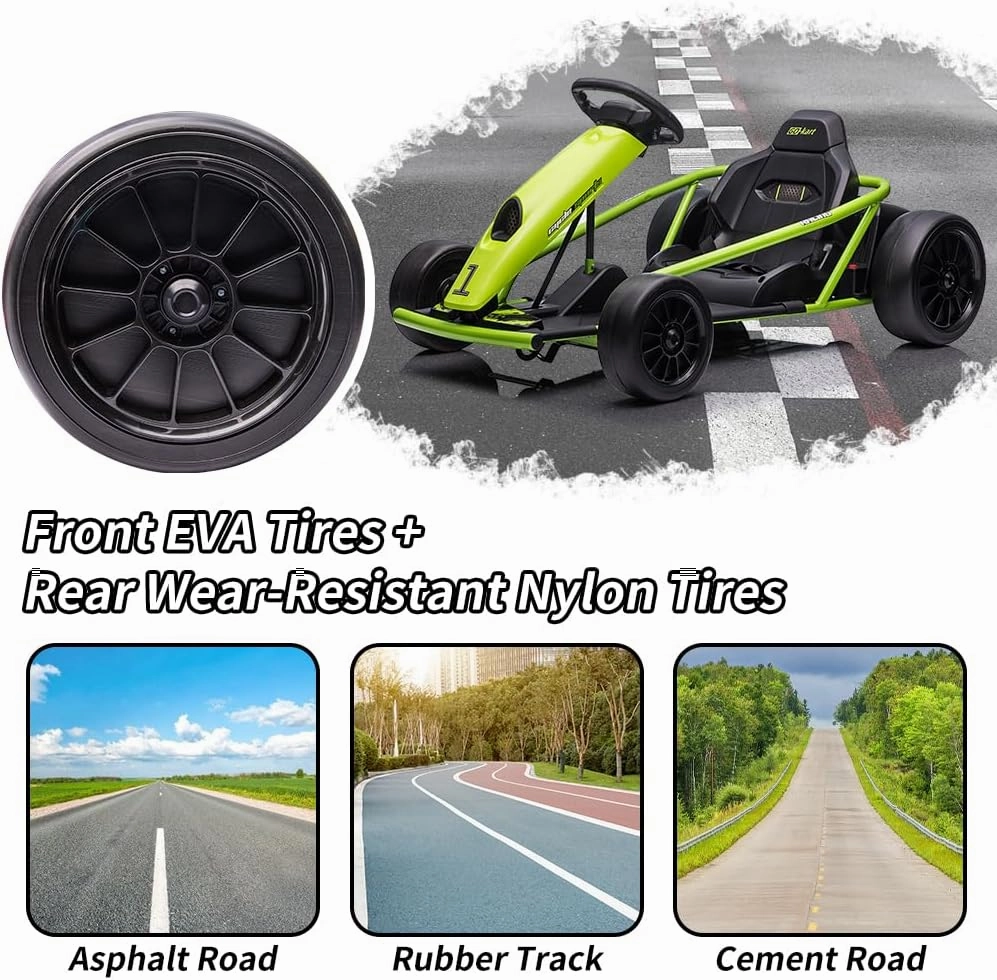 24V 9Ah Kids Ride-On Go-Kart Toy, High-Speed 8MPH Drifting Car with Powerful Motors, Large Seat, Slow Start Function, High/Low Speed Modes, Music, Max Load 180 Lbs, Racing Toy for Ages 8-12(Green)