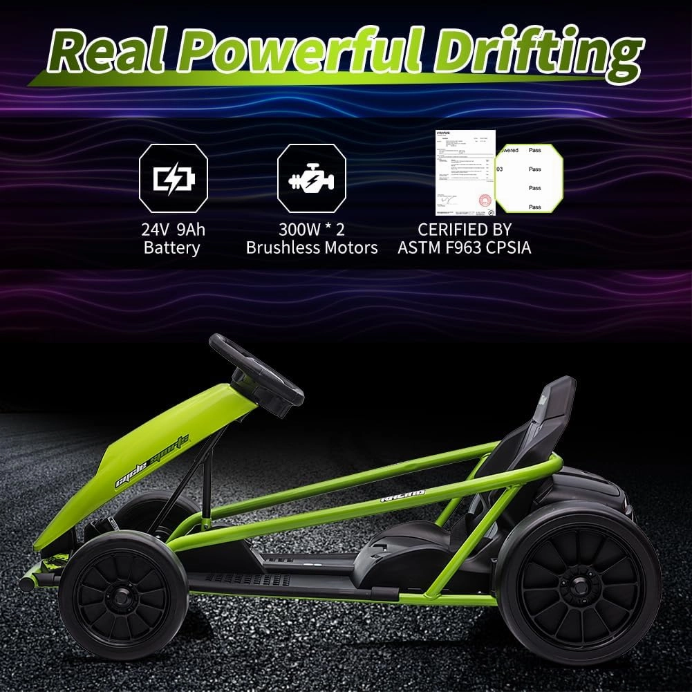 24V 9Ah Kids Ride-On Go-Kart Toy, High-Speed 8MPH Drifting Car with Powerful Motors, Large Seat, Slow Start Function, High/Low Speed Modes, Music, Max Load 180 Lbs, Racing Toy for Ages 8-12(Green)