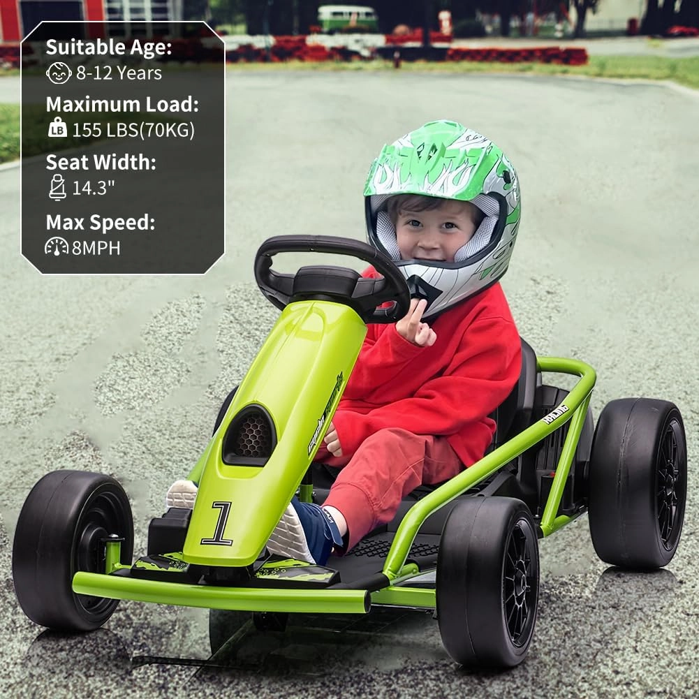 24V 9Ah Kids Ride-On Go-Kart Toy, High-Speed 8MPH Drifting Car with Powerful Motors, Large Seat, Slow Start Function, High/Low Speed Modes, Music, Max Load 180 Lbs, Racing Toy for Ages 8-12(Green)