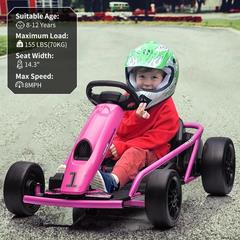 24V 9Ah Kids Ride-On Go-Kart Toy, High-Speed 8MPH Drifting Car with Powerful Motors, Large Seat, Slow Start Function, High/Low Speed Modes, Music, Max Load 180 Lbs, Racing Toy for Ages 8-12(Rose)