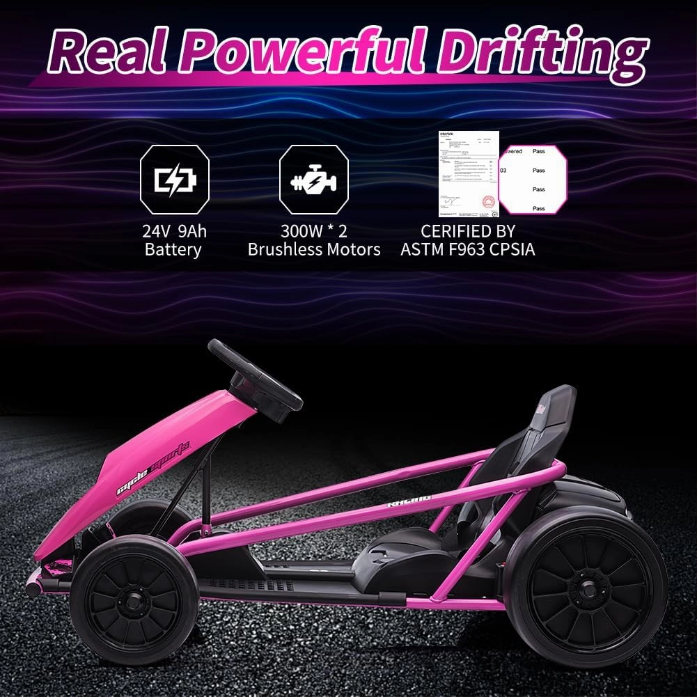 24V 9Ah Kids Ride-On Go-Kart Toy, High-Speed 8MPH Drifting Car with Powerful Motors, Large Seat, Slow Start Function, High/Low Speed Modes, Music, Max Load 180 Lbs, Racing Toy for Ages 8-12(Rose)