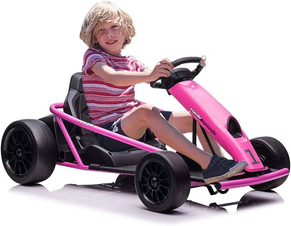 24V 9Ah Kids Ride-On Go-Kart Toy, High-Speed 8MPH Drifting Car with Powerful Motors, Large Seat, Slow Start Function, High/Low Speed Modes, Music, Max Load 180 Lbs, Racing Toy for Ages 8-12(Rose)