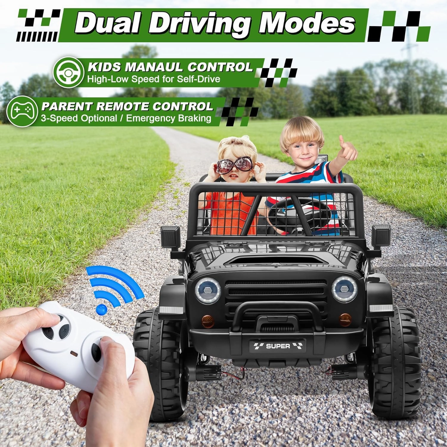 24V Ride on Car with Remote Control, XL 2 Seater 4WD/2WD Switchable Electric Car for Kids w/20 Inch Wide Seat, Gift Flower, 4X200W Power Car Wheels 24 Volt Big Jeeps for Boys Girls, Black
