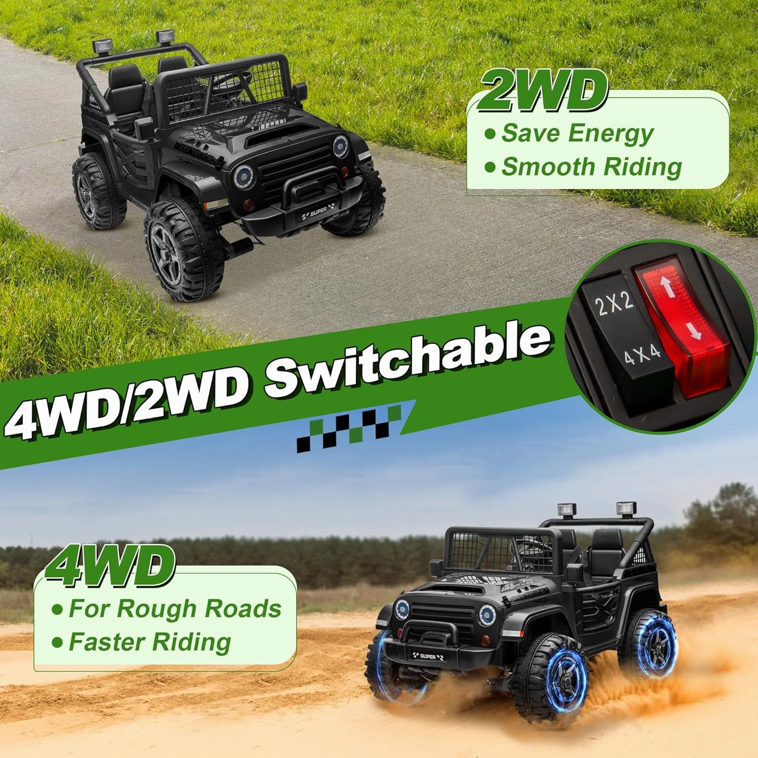 24V Ride on Car with Remote Control, XL 2 Seater 4WD/2WD Switchable Electric Car for Kids w/20 Inch Wide Seat, Gift Flower, 4X200W Power Car Wheels 24 Volt Big Jeeps for Boys Girls, Black