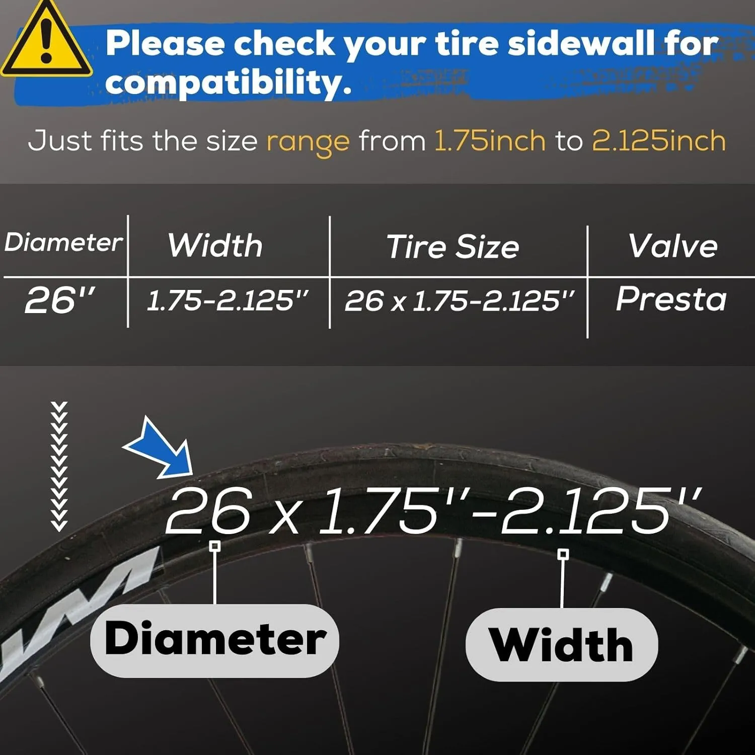 26 Inch Mountain Bike Tire Inner Tube 26 x 1.75 1.85 1.9 1.95 2.0 2.1 2.125 2.2 2.25 2.3 2.35 2.4 4.0 Presta 48mm Schrader Valve 32mm, Heavy Duty Butyl Rubber 26in MTB Bicycle Tube Replacement 2 Pack