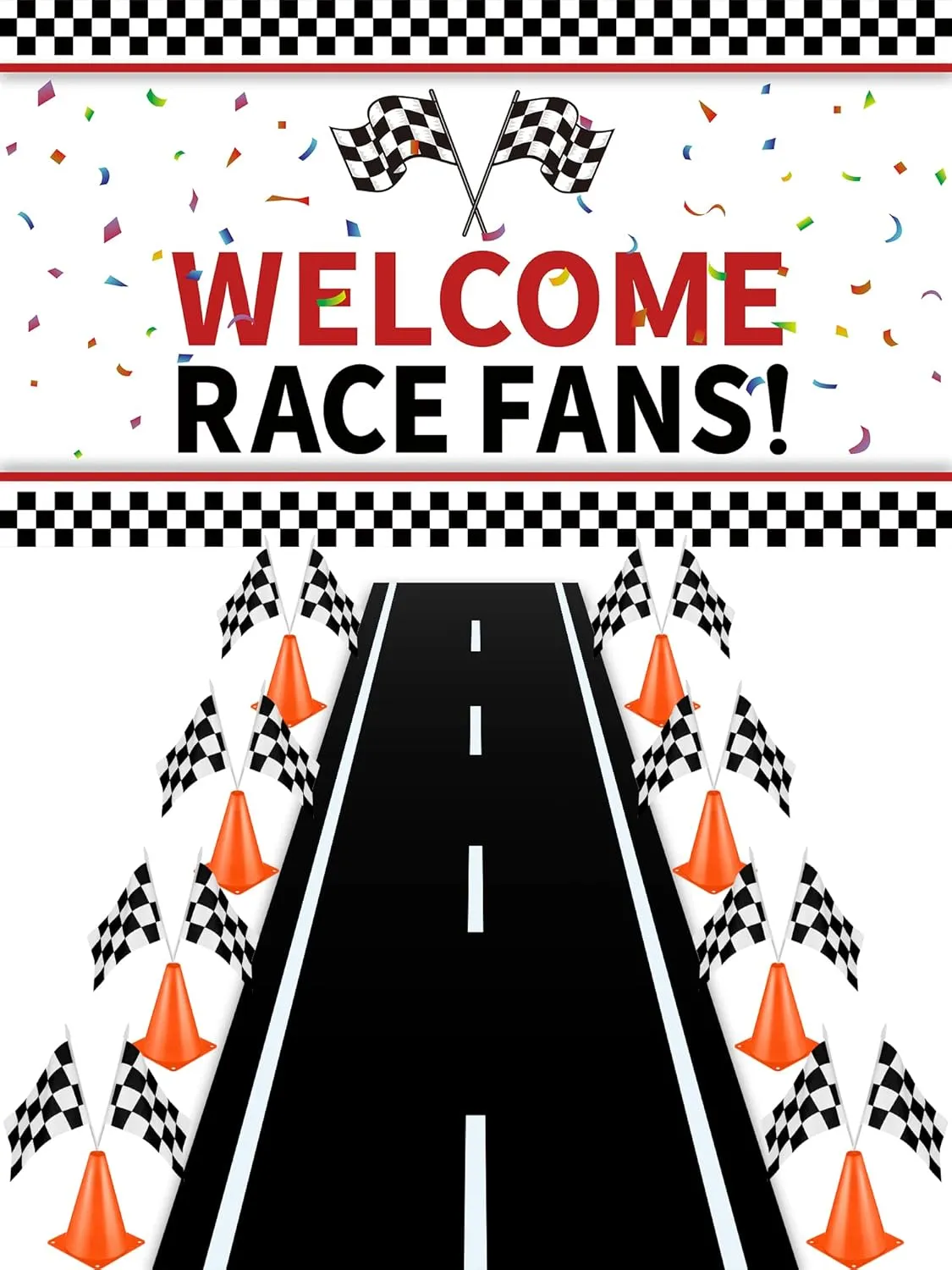 26Pcs Race Car Party Decoration Include 1 Welcome Fans Backdrop 8 Mini Traffic Safety Cones 16 Racing Checkered Flags Long Racetrack Floor Running Mat for Theme Birthday Supplies