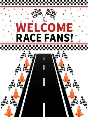 26Pcs Race Car Party Decoration Include 1 Welcome Fans Backdrop 8 Mini Traffic Safety Cones 16 Racing Checkered Flags Long Racetrack Floor Running Mat for Theme Birthday Supplies