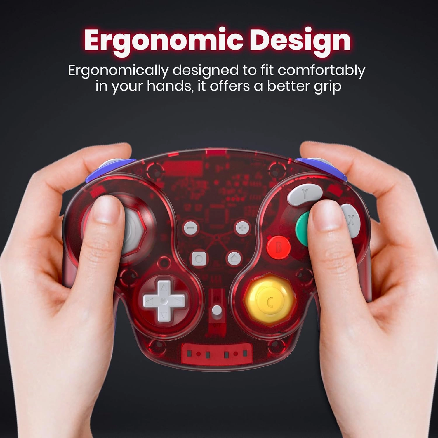 2.4 GHz Wireless GameCube Switch Pro Controller, for NGC GameCube Console, Switch/Switch OLED, PC, Steam Deck (Built-in Rumble) (Rechargeable) (Plug and Play) Clear Red