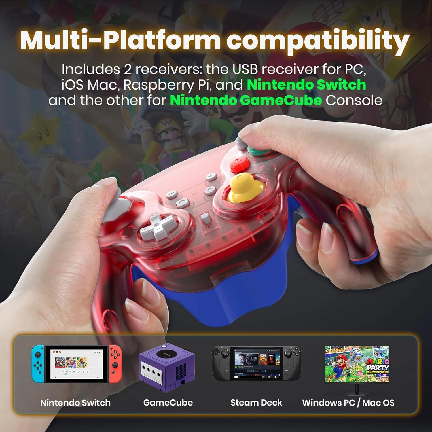 2.4 GHz Wireless GameCube Switch Pro Controller, for NGC GameCube Console, Switch/Switch OLED, PC, Steam Deck (Built-in Rumble) (Rechargeable) (Plug and Play) Clear Red