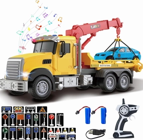 2.4GHz Remote Control Tow Truck Toy for Kids–RC Log Truck with Racing Car, 4 Channel Transport Crane Truck, Lights & Sounds, 28PCS Traffic Signs, 2 Batteries–Fun Educational Gift for Boys Girls