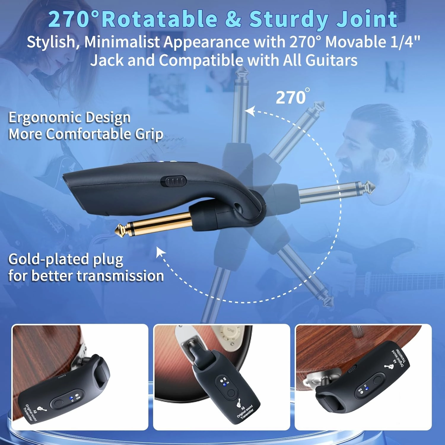 2.4GHz Wireless Guitar System Rechargeable Audio Wireless Transmitter Receiver for Guitar Bass Electric Instruments,Over 30m/100 Feet Transmission,270°Rotatable,4hours Woring Time（A9 Black）