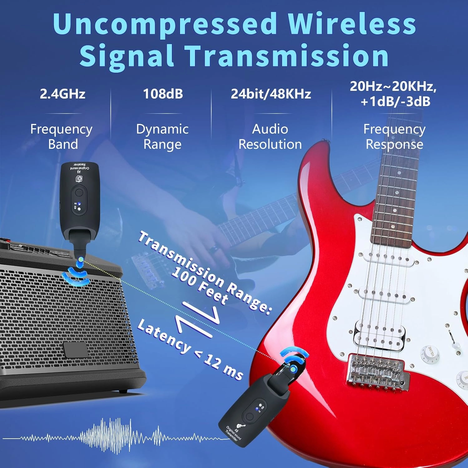 2.4GHz Wireless Guitar System Rechargeable Audio Wireless Transmitter Receiver for Guitar Bass Electric Instruments,Over 30m/100 Feet Transmission,270°Rotatable,4hours Woring Time（A9 Black）