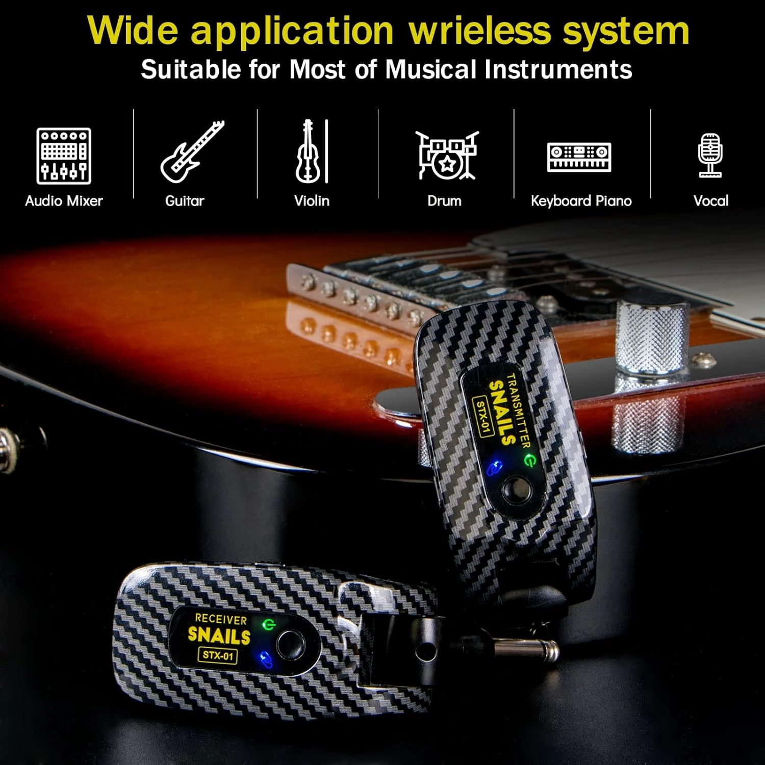 2.4GHZ Wireless Guitar System, Rechargeable Digital Wireless Guitar Transmitter Receiver with 4 Channels and Long Battery Endurance for Electric Guitar Bass