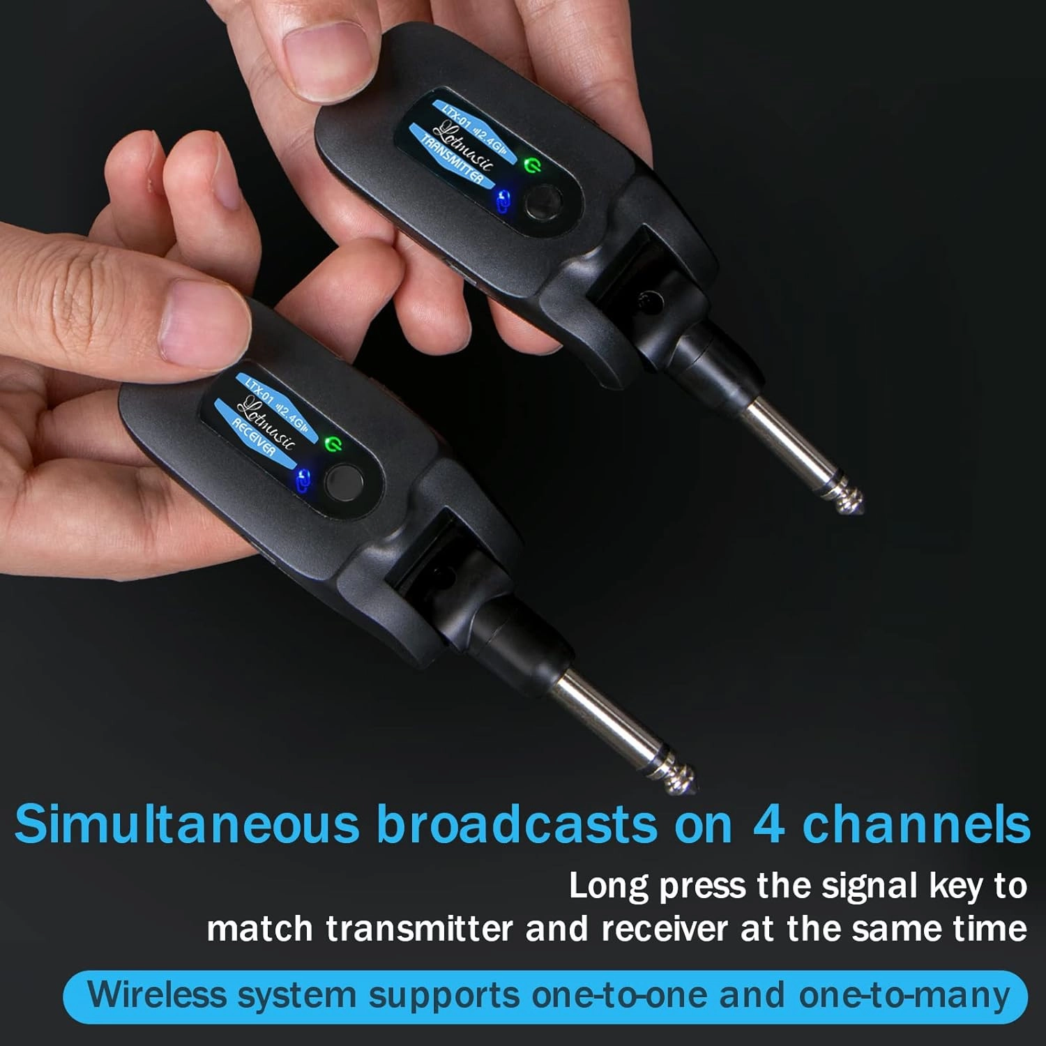2.4GHZ Wireless Guitar System, Rechargeable Digital Wireless Guitar Transmitter Receiver with 4 Channels and Over 10 Hours Long Battery Endurance for Electric Guitar Bass