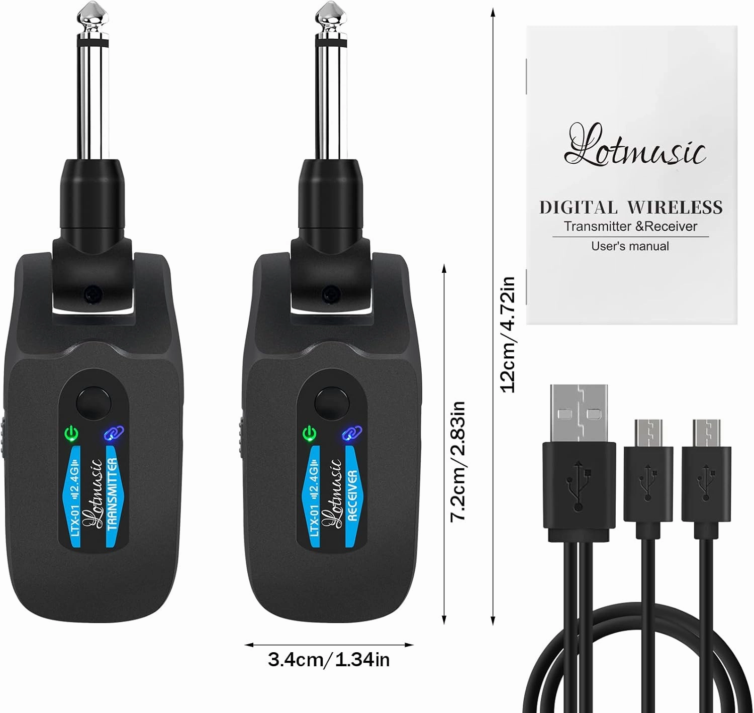 2.4GHZ Wireless Guitar System, Rechargeable Digital Wireless Guitar Transmitter Receiver with 4 Channels and Over 10 Hours Long Battery Endurance for Electric Guitar Bass