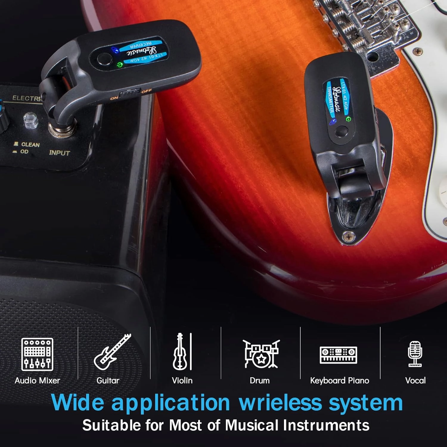 2.4GHZ Wireless Guitar System, Rechargeable Digital Wireless Guitar Transmitter Receiver with 4 Channels and Over 10 Hours Long Battery Endurance for Electric Guitar Bass