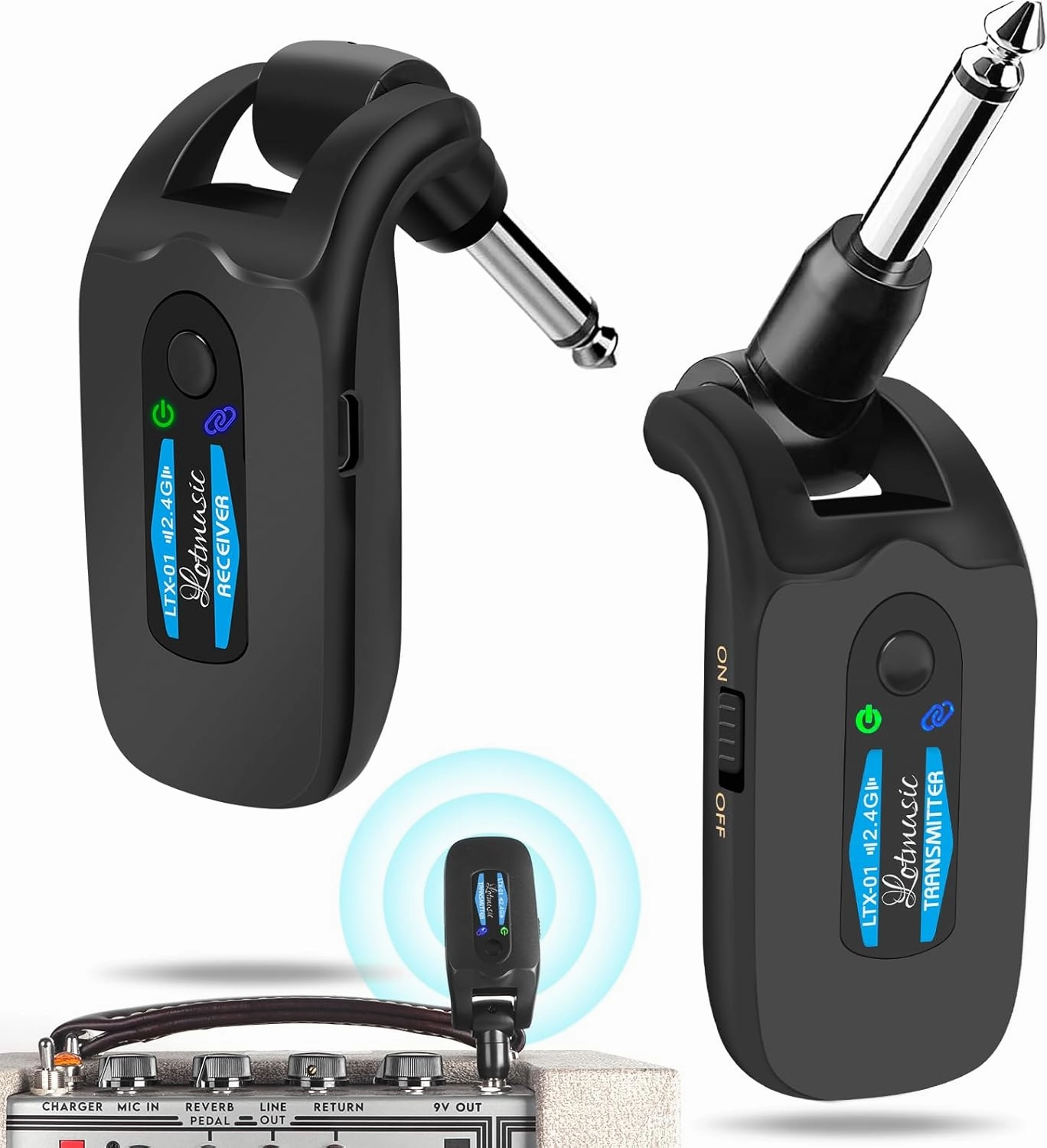2.4GHZ Wireless Guitar System, Rechargeable Digital Wireless Guitar Transmitter Receiver with 4 Channels and Over 10 Hours Long Battery Endurance for Electric Guitar Bass
