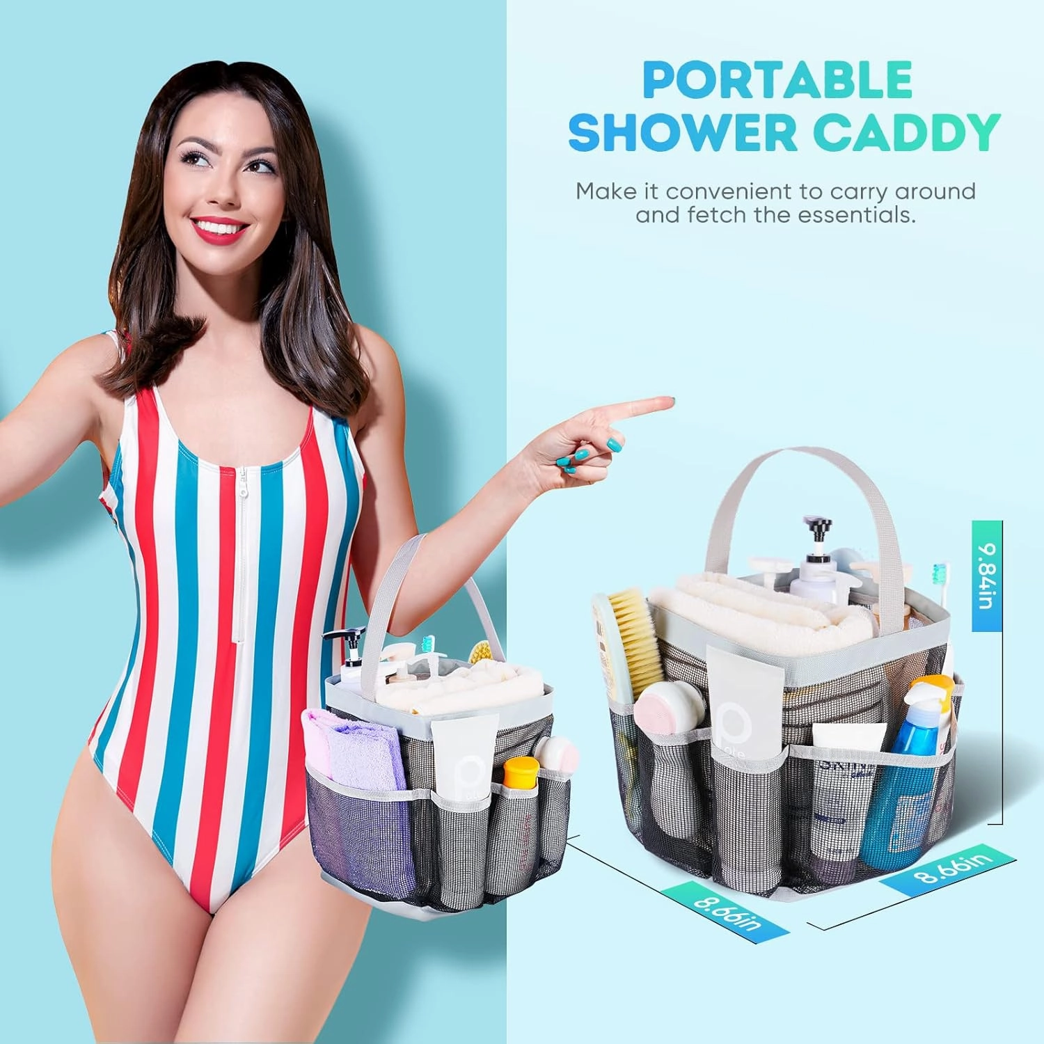 2 Pack Mesh Shower Caddy Portable for College Dorm Room Essentials, Shower Caddy Dorm with 8-Pocket Large Capacity,Shower Bag for Beach,Swimming,Gym