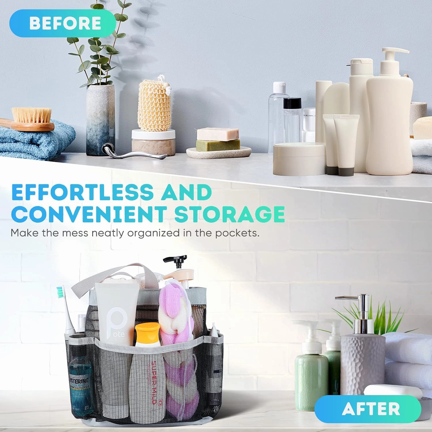2 Pack Mesh Shower Caddy Portable for College Dorm Room Essentials, Shower Caddy Dorm with 8-Pocket Large Capacity,Shower Bag for Beach,Swimming,Gym