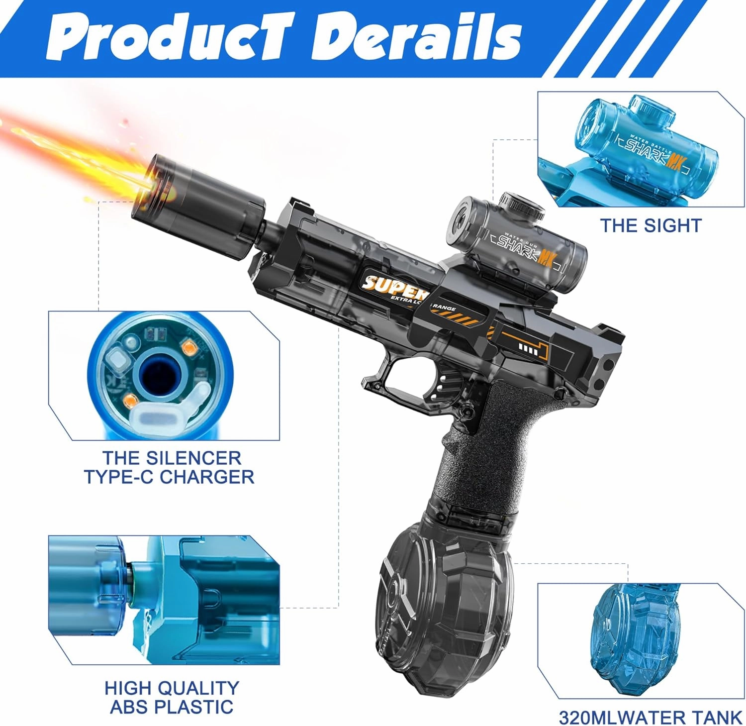 2 Packs Electric Water Gun Fire Flash Upgraded, Water Pistol Toy Squirt Gun for Kids Adults(320 Capacity Each), Summer Outdoor Toy Yard Beach Swimming Water Play Toys (Black&Blue)