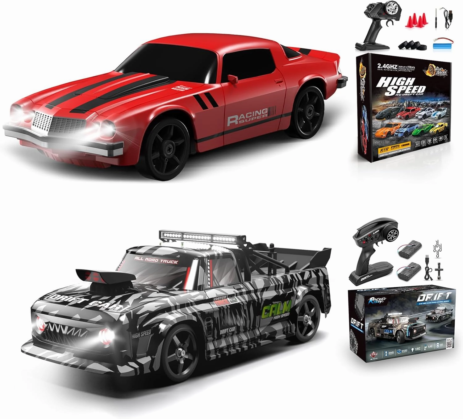 2 PCS RC Drift Car, RC Drift Car 1:24 Remote Control Car 4WD 15KM/H Remote Control Car and 1:12 Fast RC Car 2.4GHz 35KM/H High Speed Performance with Gyro Racing Car Gift for Adults Kids Boys Girls