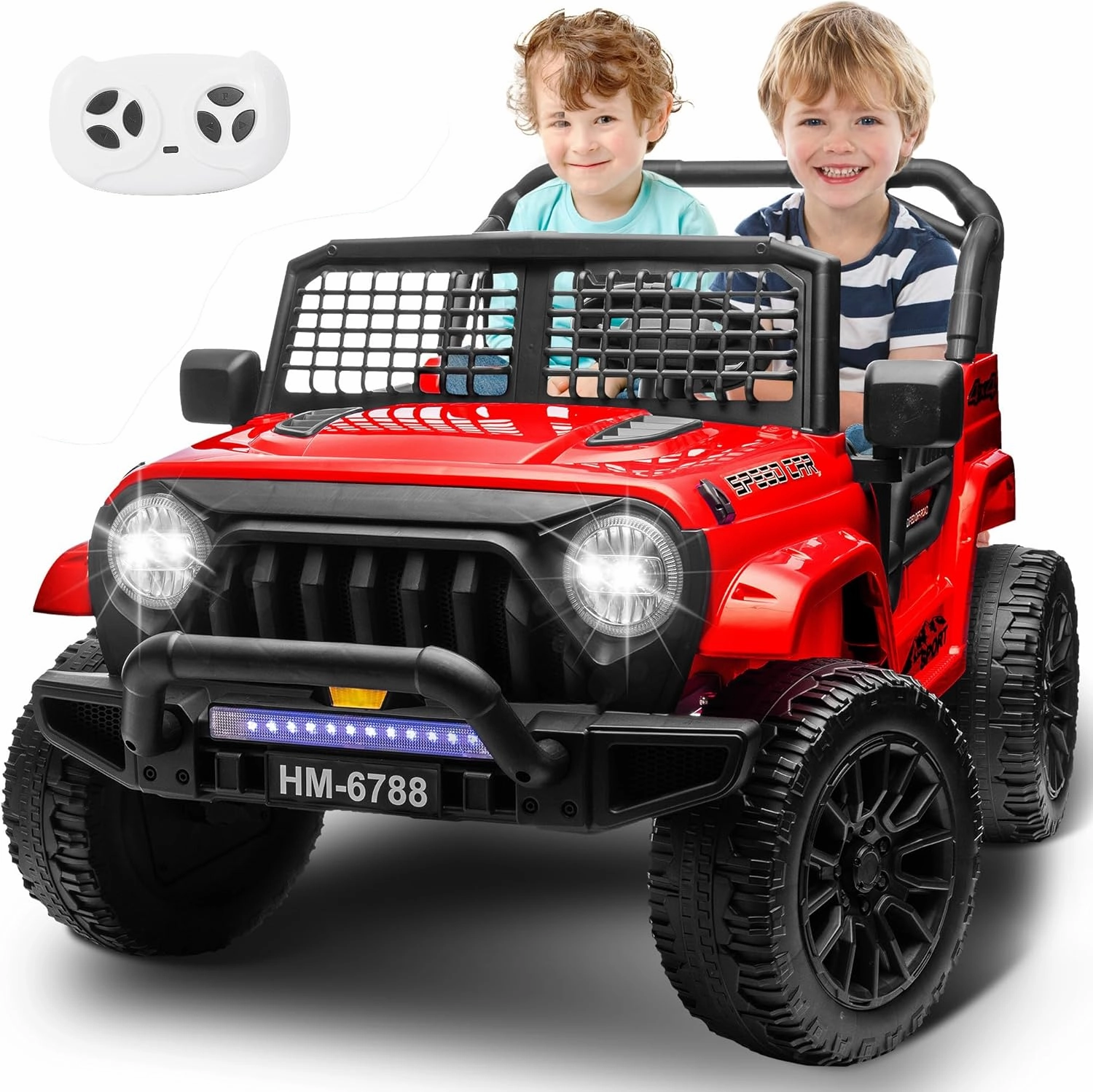 2 Seater Ride on Car for Kids, 24V Electric Power Ride on Truck Toy with Remote Control, 200W Motor, LED Lights, Music, 3 Speed, 4 Wheel Suspension Spring, Soft Start, Safety Belt