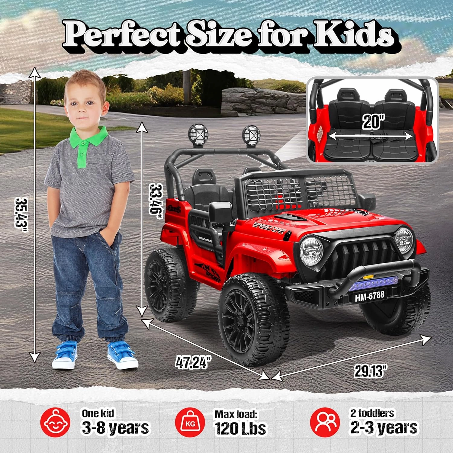 2 Seater Ride on Car for Kids, 24V Electric Power Ride on Truck Toy with Remote Control, 200W Motor, LED Lights, Music, 3 Speed, 4 Wheel Suspension Spring, Soft Start, Safety Belt
