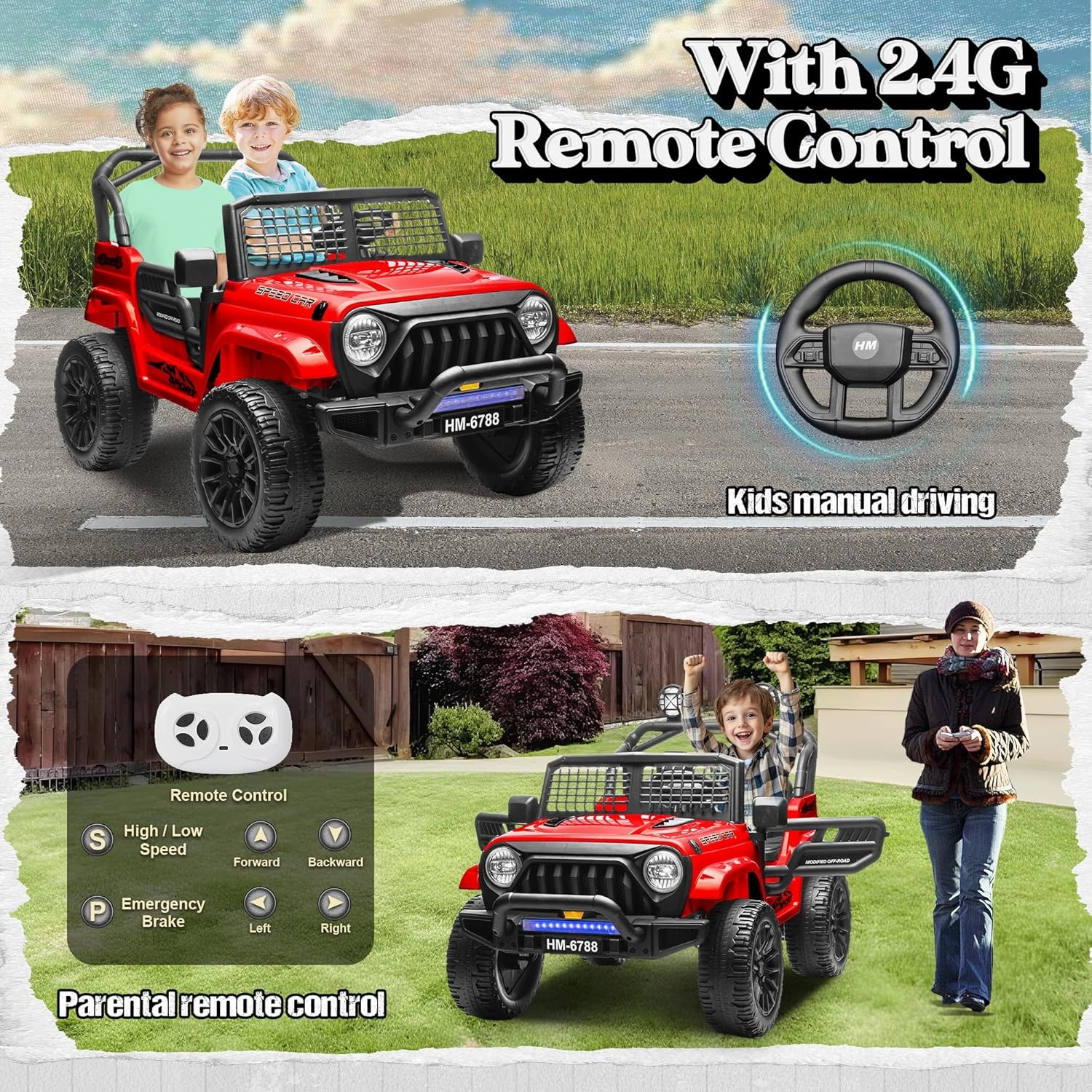 2 Seater Ride on Car for Kids, 24V Electric Power Ride on Truck Toy with Remote Control, 200W Motor, LED Lights, Music, 3 Speed, 4 Wheel Suspension Spring, Soft Start, Safety Belt