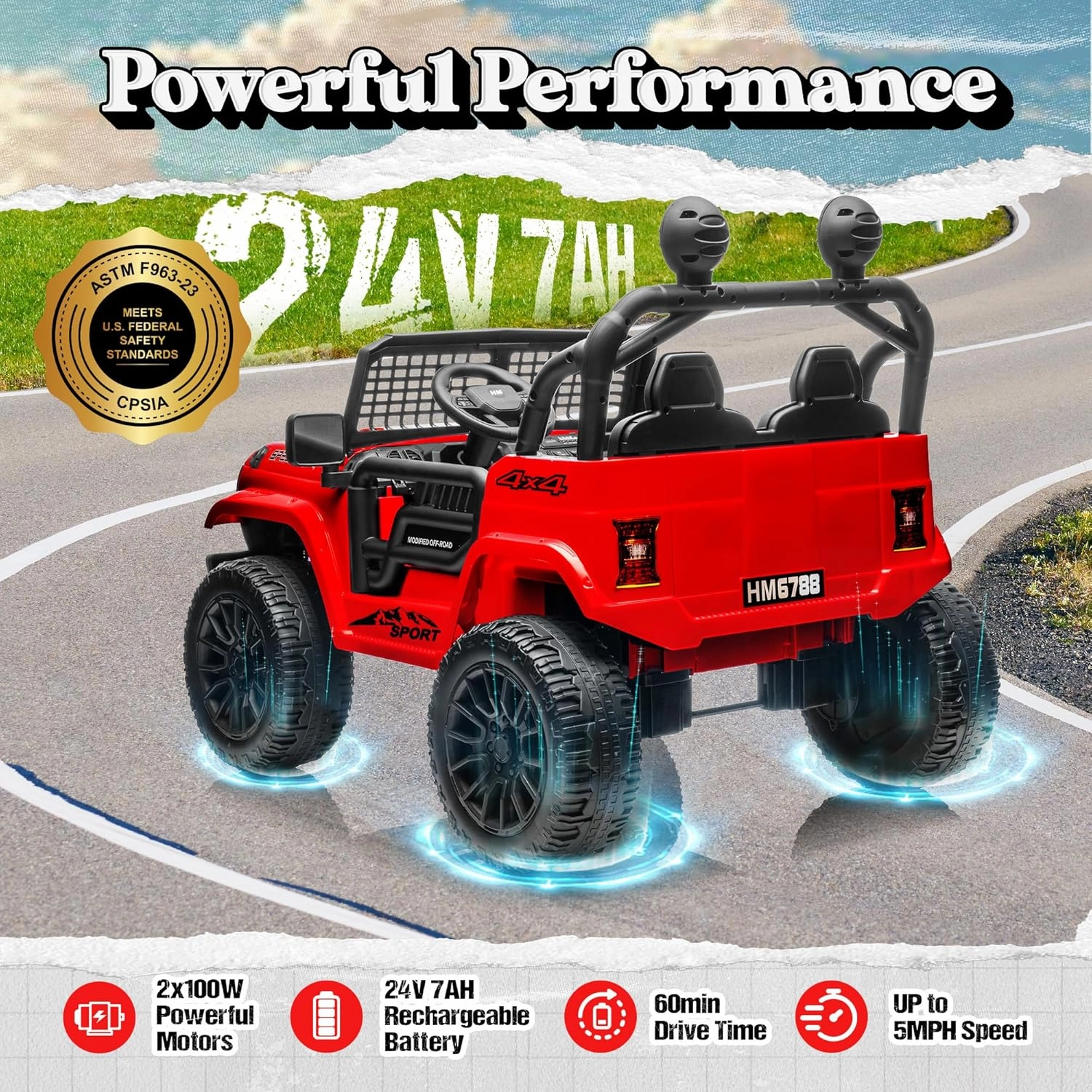 2 Seater Ride on Car for Kids, 24V Electric Power Ride on Truck Toy with Remote Control, 200W Motor, LED Lights, Music, 3 Speed, 4 Wheel Suspension Spring, Soft Start, Safety Belt