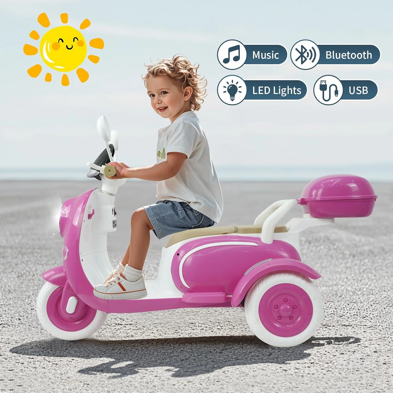 2 Seater Ride on Motorcycle, 12V Electric Motorcycle for Kids, 3 Wheels Kids Moped with Large Storage Box, Music, Bluetooth, LED Headlight, Electric Motorbike for Boys Girls Ages 3  (Rose Red)