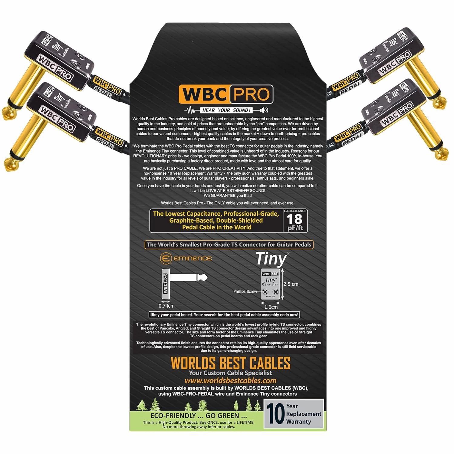 2 Units - 4 Inch - WBC-PRO-PEDAL – 22 AWG - Low-Cap (18pF/ft) – Pro-Grade – Graphite-based - Dual-Shielded Pedal, Effects, Patch, instrument cable with Eminence Tiny Gold Plated Angled TS Connectors