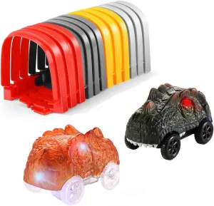 2Pack Dino Tracks Cars and Tunnel Accessories for DIY Tracks Playset Replacement Only, Tunnel Add Ons 2 Dinosaurs Light Up Cars