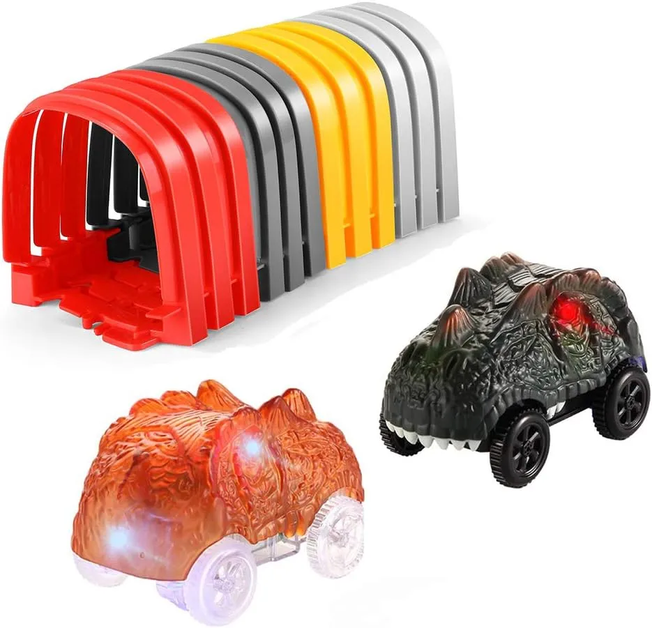 2Pack Dino Tracks Cars and Tunnel Accessories for DIY Tracks Playset Replacement Only, Tunnel Add Ons 2 Dinosaurs Light Up Cars