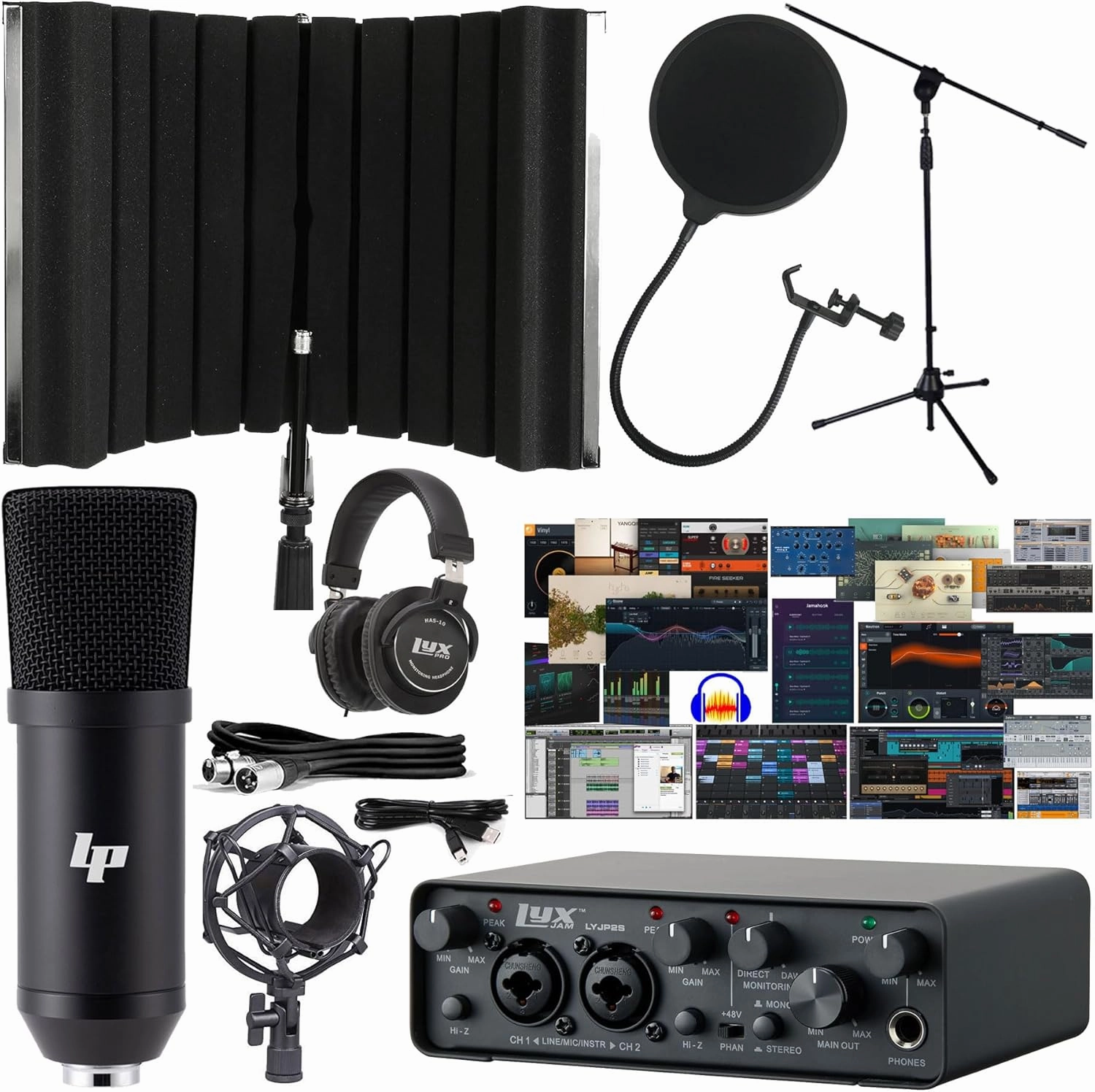 2x2 USB Audio Interface with Asio Driver and NEW Creative Software Bundle with LP Professional Condenser Microphone Kit, Mic Stand and Recording Headphones, Isolation Recording Shield