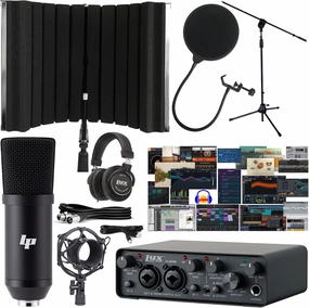 2x2 USB Audio Interface with Asio Driver and NEW Creative Software Bundle with LP Professional Condenser Microphone Kit, Mic Stand and Recording Headphones, Isolation Recording Shield