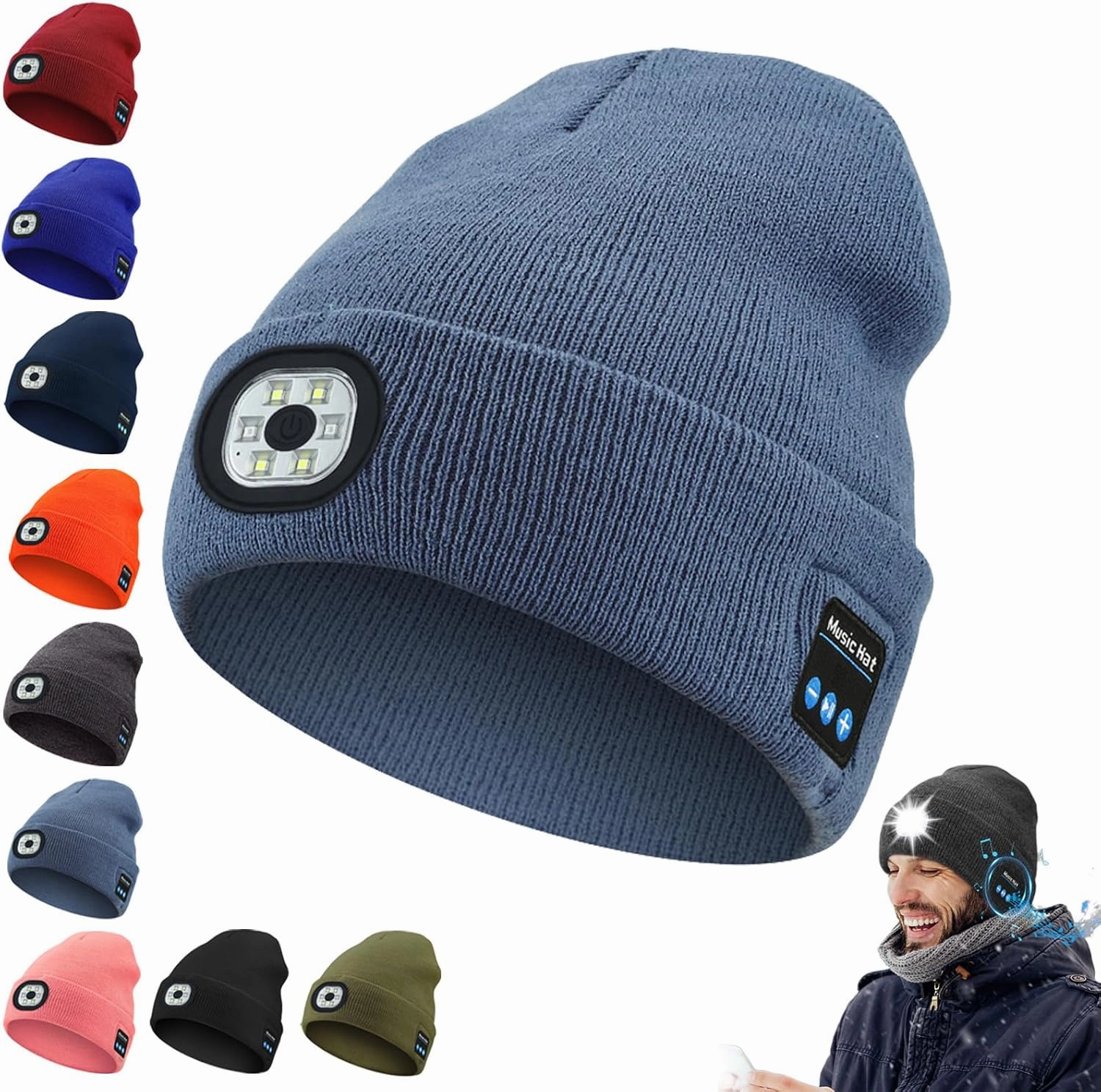3-in-1 Function Bluetooth Beanie, Bluetooth Beanie with Light, Unisex 6 LED USB Rechargeable with Cordless Headphones