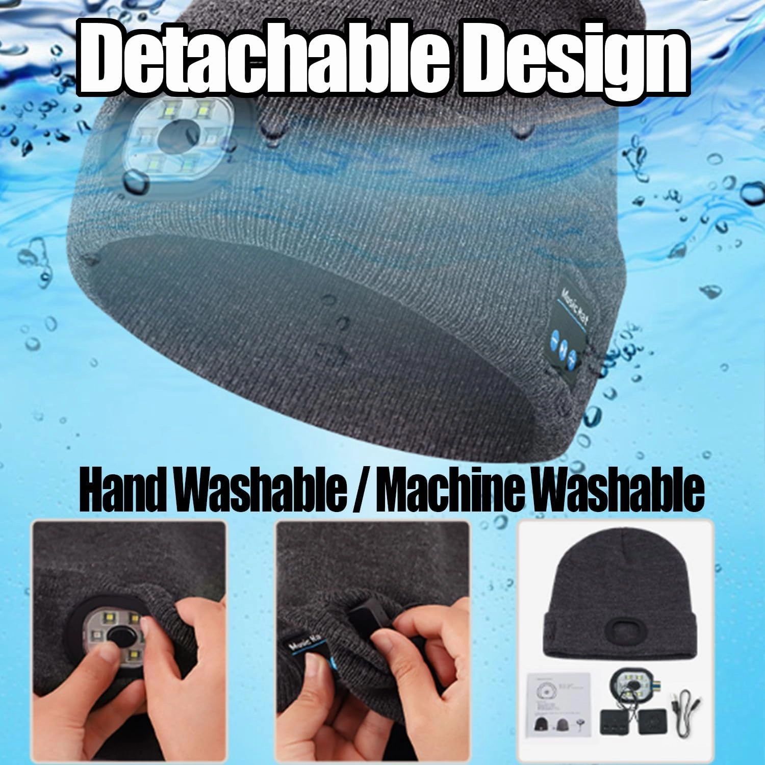 3-in-1 Function Bluetooth Beanie, Bluetooth Beanie with Light, Unisex 6 LED USB Rechargeable with Cordless Headphones
