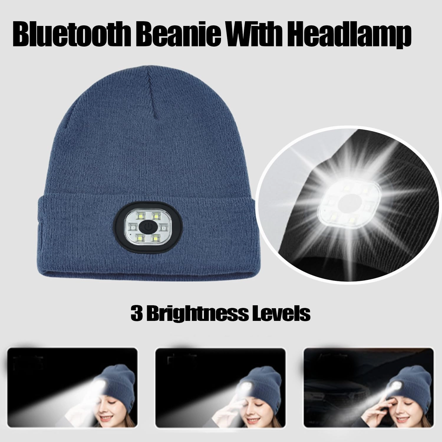 3-in-1 Function Bluetooth Beanie, Bluetooth Beanie with Light, Unisex 6 LED USB Rechargeable with Cordless Headphones