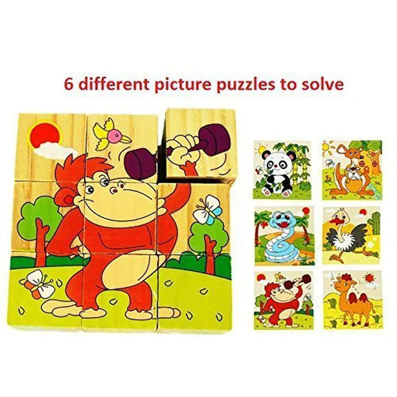 3D 6 Face Funny Animals Wooden Cube Jigsaw Puzzle (1-2 Years)