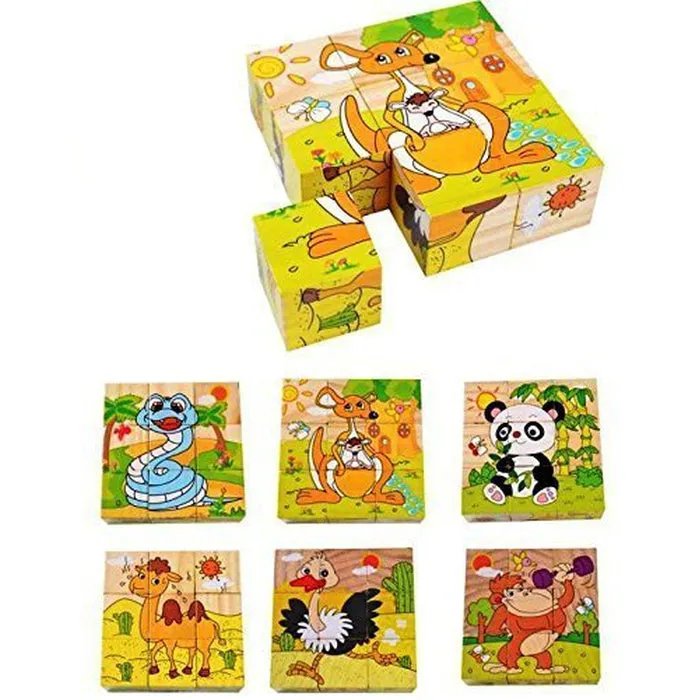 3D 6 Face Funny Animals Wooden Cube Jigsaw Puzzle (1-2 Years)