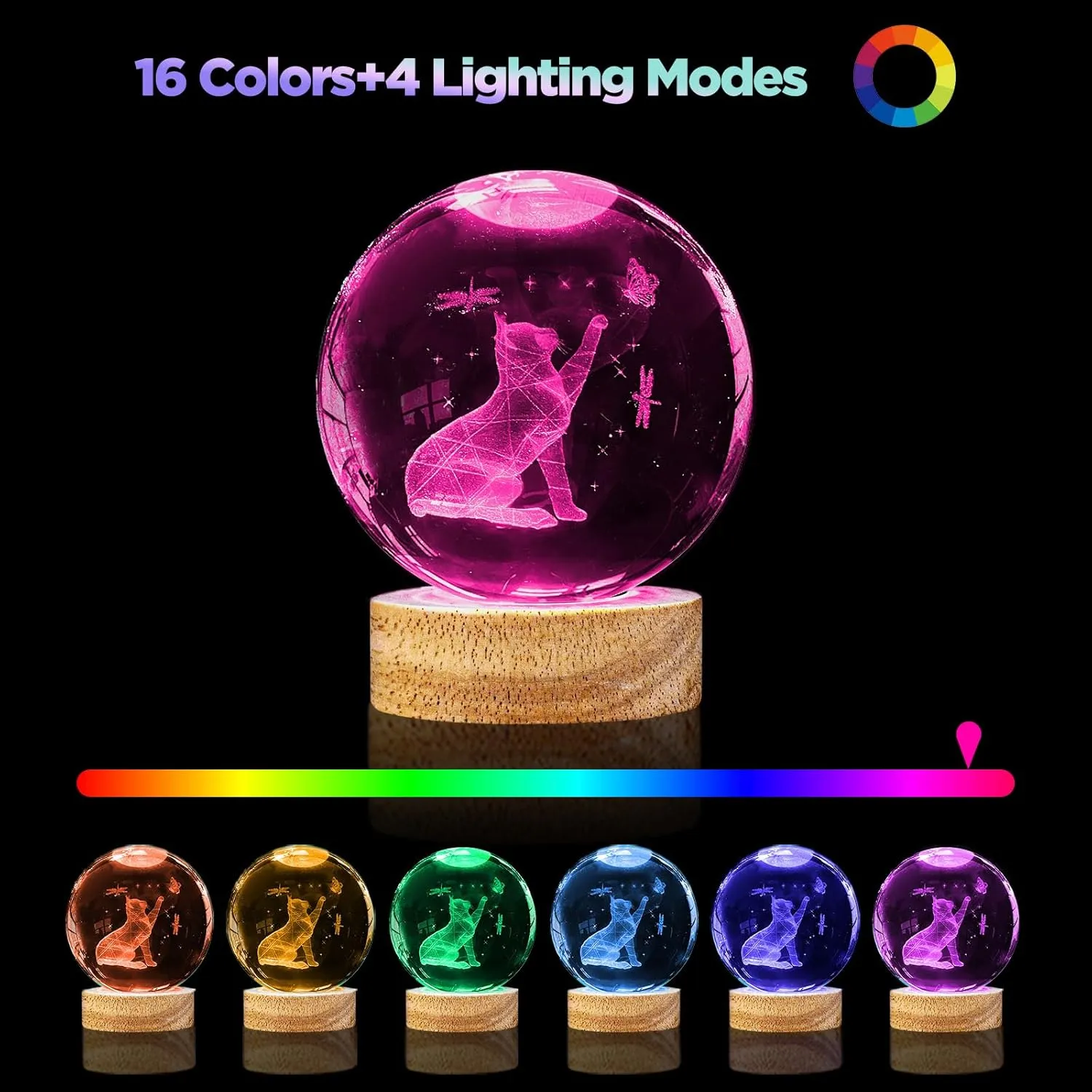 3D Crystal Cat Ball Night Light 3.15in K9 Lamp With 16 Colors Change Wooden Base and Remote Control Christmas Gifts for Cat Lovers Girl Women Friends