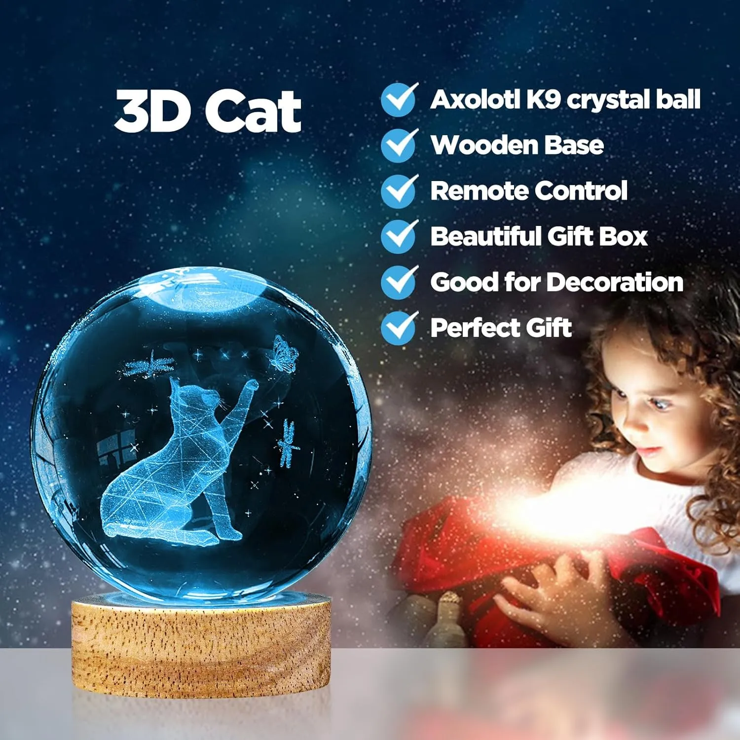 3D Crystal Cat Ball Night Light 3.15in K9 Lamp With 16 Colors Change Wooden Base and Remote Control Christmas Gifts for Cat Lovers Girl Women Friends