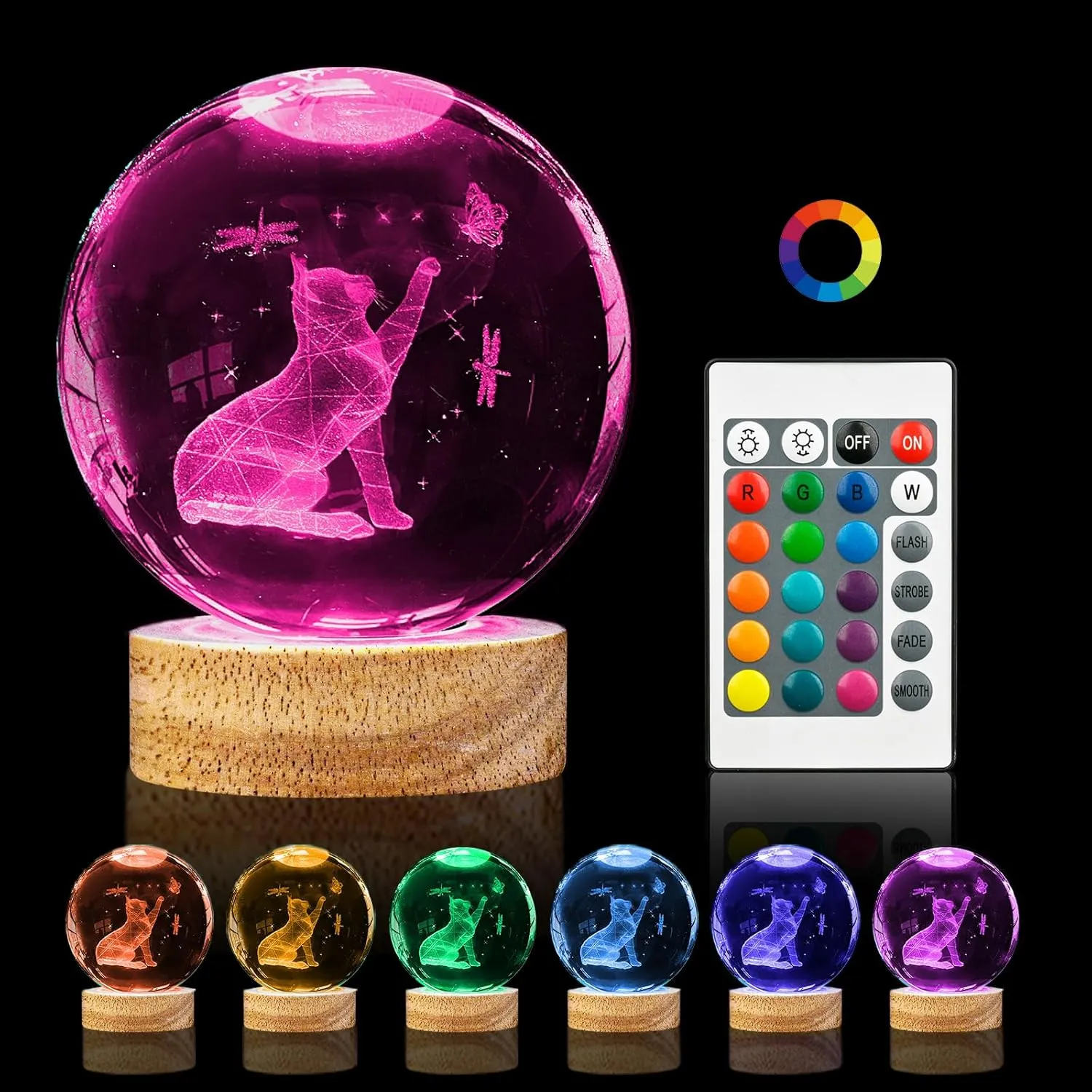 3D Crystal Cat Ball Night Light 3.15in K9 Lamp With 16 Colors Change Wooden Base and Remote Control Christmas Gifts for Cat Lovers Girl Women Friends