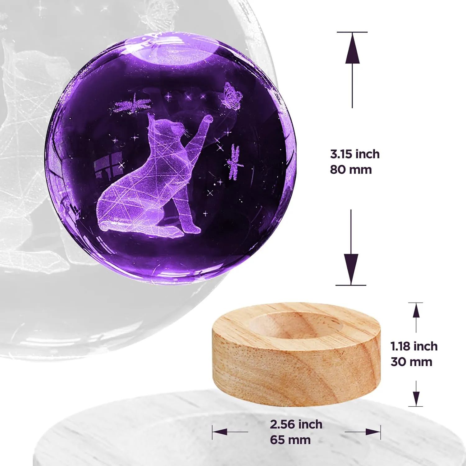 3D Crystal Cat Ball Night Light 3.15in K9 Lamp With 16 Colors Change Wooden Base and Remote Control Christmas Gifts for Cat Lovers Girl Women Friends